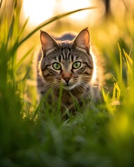 Stalking pixiebob cat in high grass, Generative ai