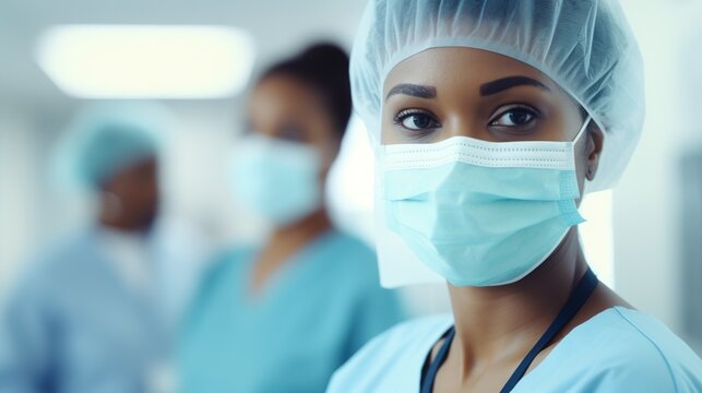 close up of african american female doctor or scientist in protective mask over medical workers at hospital  with generative ai 