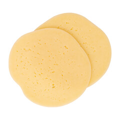 edam or salami round cheese isolated on white background, flat lay with cheese cut into pieces, with clipping path