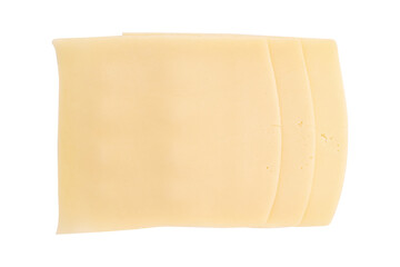 slices of cheese isolated on white background, pieces of sliced gouda cheese laid out to create layout, with clipping path