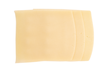 slices of cheese isolated on white background, pieces of sliced gouda cheese laid out to create layout, with clipping path