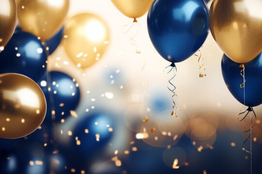 Celebration with an arrangement of blue and gold colorful balloons, Generative AI