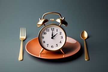 Alarm clock on a plate. The concept of proper regular nutrition. Background with selective focus and copy space