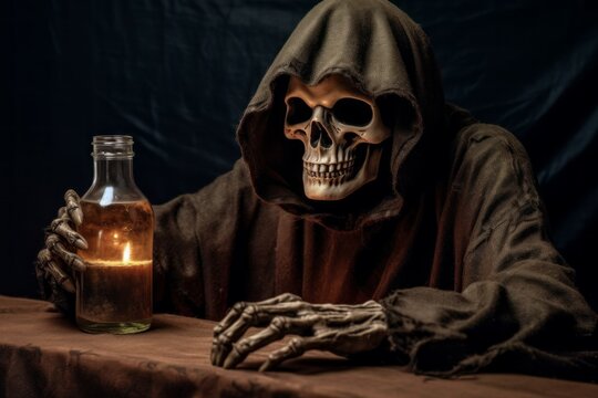 Death or Grim reaper with poison. Halloween concept. Background with selective focus and copy space
