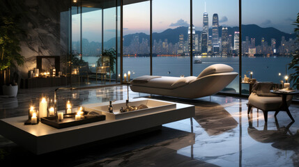 Modern minimalistic marble luxury tub, in a luxury penthouse with floor to ceiling windows. Generative AI