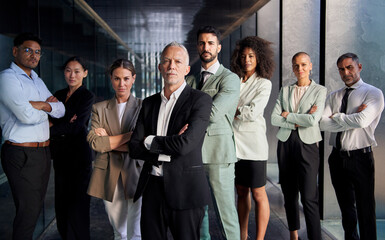 Team portrait multi-ethnic crossed arms professionals posing confidence. Young and mature colleagues looking at camera serious expression. Group of office workers indoor a startup business company.