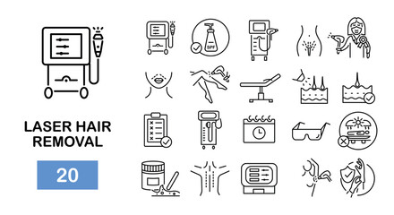 Laser hair removal icons. Laser epilation line icons. 20 hair removal icons. Vector illustration