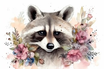 Watercolor portrait of cute racoon surrounded by flowers and splashes of watercolor paint on white background , generative AI