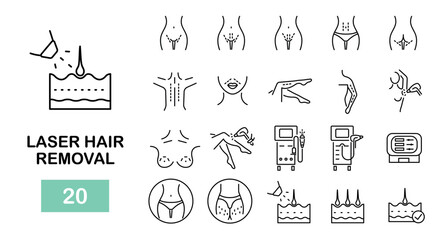 Naklejka premium Laser hair removal icons. Laser epilation line icons. Zone, figure, part. 20 hair removal icons. Vector illustration
