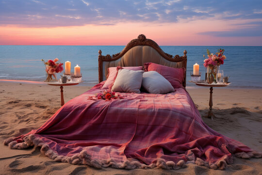 Romantic double bed at the beach