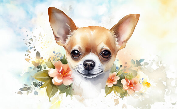 Watercolor illustration of cute chihuahua portrait surrounded by flowers and splashes of watercolor paint on white background , generative AI