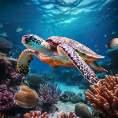 Obraz na płótnie Canvas Sea turtle swims under water on the background