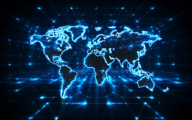 Digital world map hologram blue background