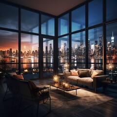 Modern living room night city view out of glass windows.