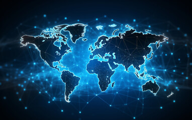 Digital world map hologram blue background