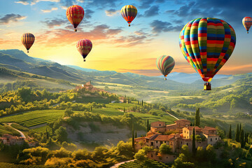 A group of hot air balloons hovering over beautiful landscape