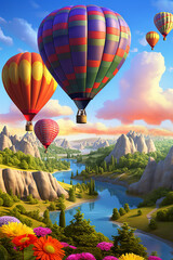 A group of hot air balloons hovering over beautiful landscape