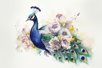 Watercolor illustration of peacock surrounded by flowers and splashes of watercolor paint on white background , generative AI