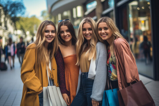 A group of stylish young women enjoying a day out shopping, capturing their excitement, friendship, and love for fashion. Generative Ai