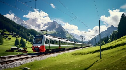 Scenic Mountain Switzerland Train Journey Through Nature, Train journeys through stunning mountain landscape on a sunny day.