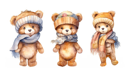 Watercolor illustration of three plush teddy bears in warm hats and scarfs on a white background , generative AI