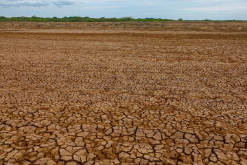 Large area of parched and cracked soil caused by long period of water shortage
