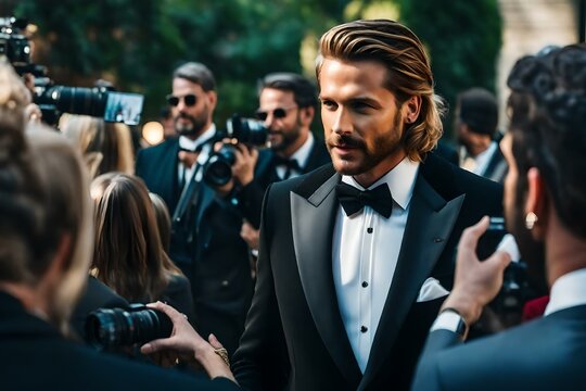 A fictional male movie star at an awards ceremony with paparazzi surrounding him.