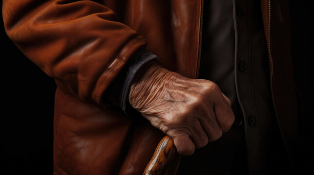 An elderly man with a gentle smile his leathery hands gripping a walking stick which symbolises his enduring strength and dependability