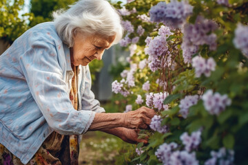 A graceful elderly woman peacefully tending to a garden her frail hands delicately ensuring the flowers are nurtured