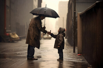A considerate young boy sharing his umbrella with a homeless person while he holds it slightly higher to protect them from the pouring .