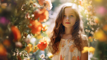 A brighteyed young girl stands in a flowerfilled garden surrounded by blossoms and sunshine with an honest and sincere expression .