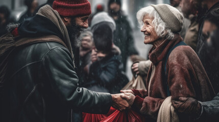 Obraz na płótnie Canvas An elderly woman beams with joy as she hands out blankets to the homeless showing them kindness and care