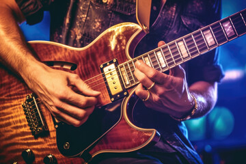 Obraz premium An onstage close up of an experienced guitarist soloing confidently his skillful fingers on the strings