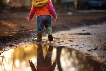 A determined toddler stomps through the mud puddle jumping up to catch a glimpse of her rainbow reflected in the water