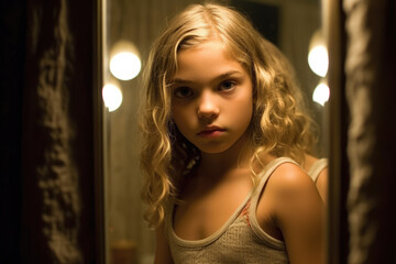 Fototapeta premium A young girl inspects herself in the hallway mirror her expression serious as she takes in her modest reflection