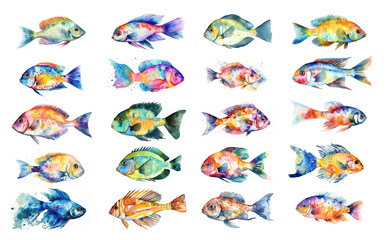 Naklejka premium Watercolor illustration of a set of exotic fish with a splash of watercolor paint on a white background , generative AI