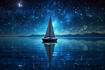 Sailing boat in the middle of sea at night