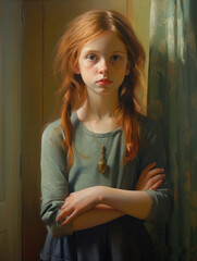 Fototapeta premium A solemn girl stands in a humble living room her hands clasped behind her back her head bowed and gaze distant