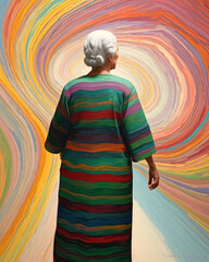 A vibrant older woman stands tall her ling eyes surveying her surroundings. She wears a rainbowstriped dress that swirls around her .