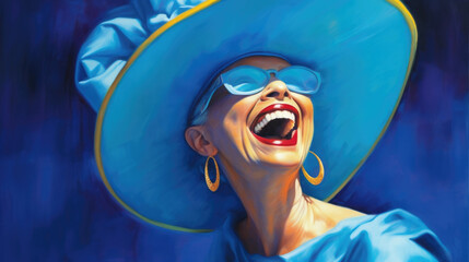A cool composed woman in an eyecatching electric blue hat and dress grins devilishly as she challenges the world with her witty words