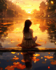 A thoughtful girl gazes into a pond the sunsets reflection reminding her of the moments of beauty that fill her life