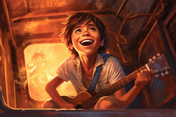 An intrepid boy sings a contagious melody as he confidently sets off on an adventurous journey a fearless grin etched across his face