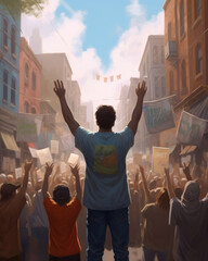 In the middle of a crowded street a man raises his hands towards the sky in a gesture of empowerment. He wears an I Vote tshirt and .