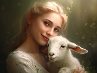 A woman with a serene smile hugging a baby goat close to her chest and tears gleaming in her eyes