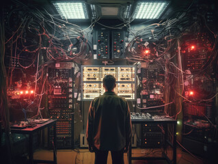 A lone figure stands in a room filled with machines and equipment. His gaze is laserfocused as he experiments with a circuit manipulating .