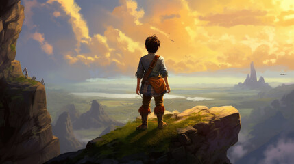 Fototapeta premium A daring young explorer stands on the edge of a cliff looking out into the horizon. His gaze is filled with a mix of fear and courage .