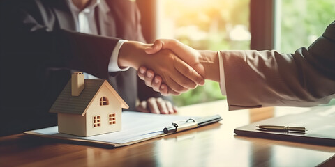Two hands of people closing a house sale, shaking hands, real estate concept