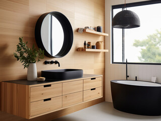 Ensuite bathroom with wall mounted timber vanity and black sink and pill shaped mirrors.