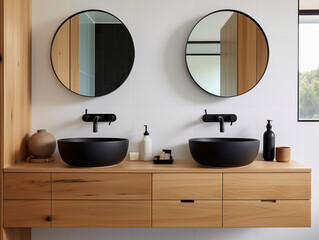 Ensuite bathroom with wall mounted timber vanity and black sink and pill shaped mirrors.