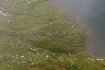 Aerial view of a delta at Bliznaka (Twin) lake in Rila mountains, Bulgaria